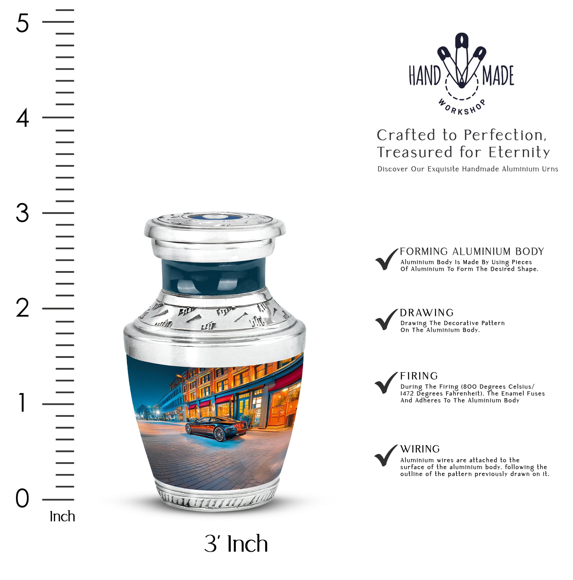 Bright Blue Car Cremation Urn top-down view of secure threaded lid - artistic car interpretation with creative detail - mini keepsake memorial for portion of cremation ashes