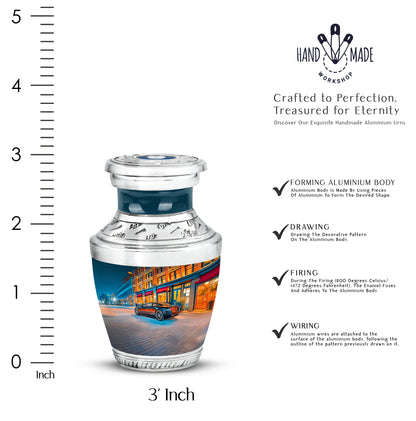 Bright Blue Car Cremation Urn top-down view of secure threaded lid - artistic car interpretation with creative detail - mini keepsake memorial for portion of cremation ashes