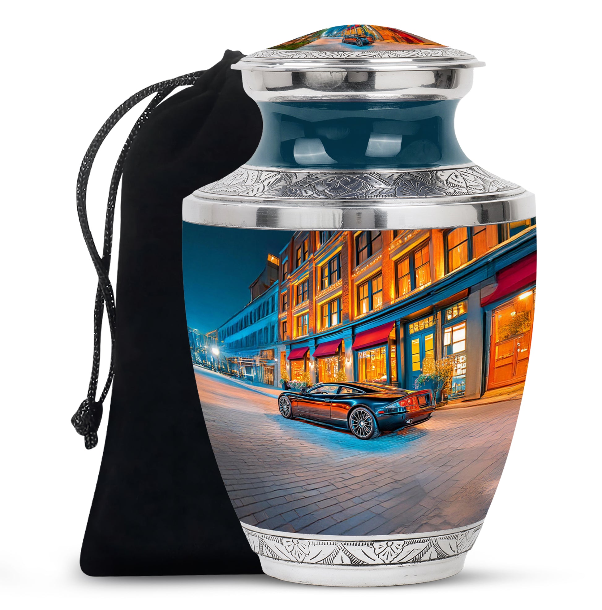Vivid Blue Car Cremation Urn side profile showing urn shape - stylized abstract car pattern with bold lines - full-size 10 inch 200 cubic inch adult cremation urn