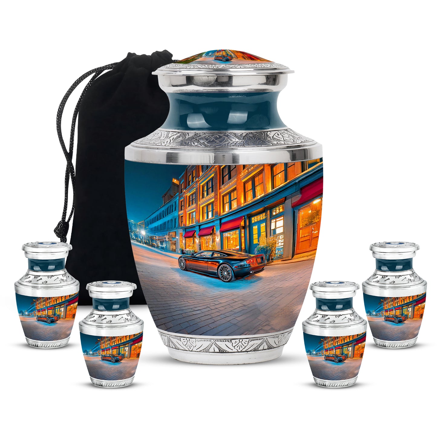 Twilight Blue Car Cremation Urn lifestyle display on memorial shelf - stylized abstract car pattern with bold lines - memorial set with one large and four small urns