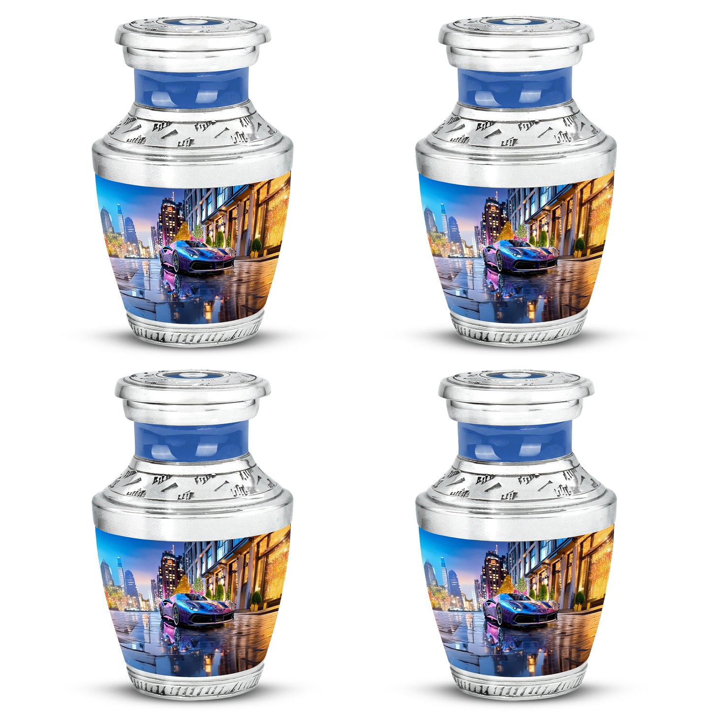 Pastel Blue Car Cremation Urn back view with polished surface - contemporary car design with modern artistic flair - 10 inch aluminum urn for cremated remains