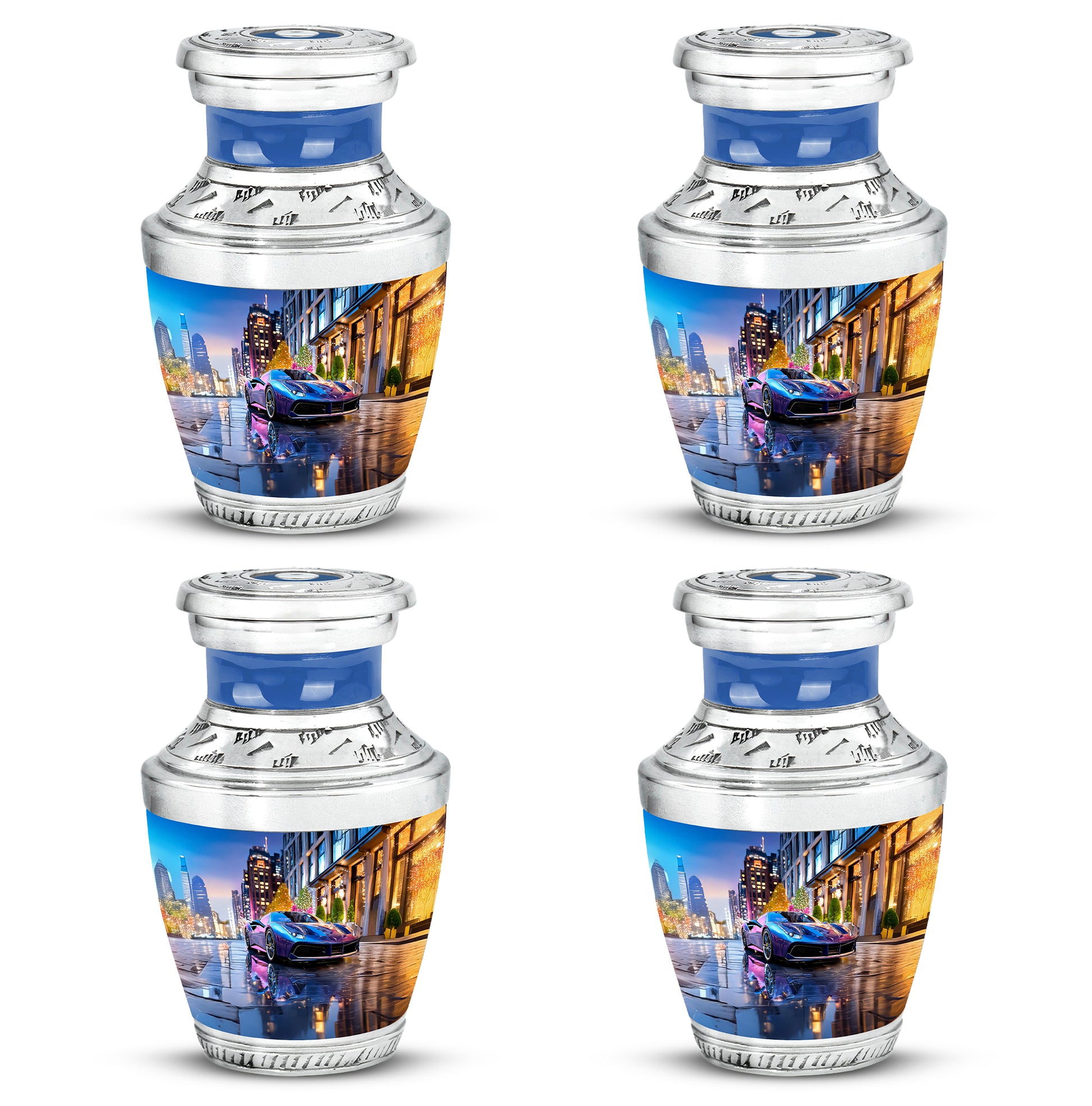 Pastel Blue Car Cremation Urn back view with polished surface - contemporary car design with modern artistic flair - 10 inch aluminum urn for cremated remains
