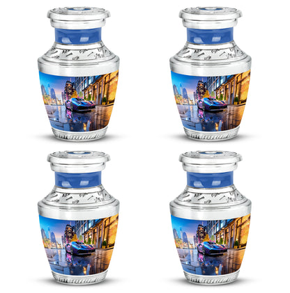 Pastel Blue Car Cremation Urn back view with polished surface - contemporary car design with modern artistic flair - 10 inch aluminum urn for cremated remains