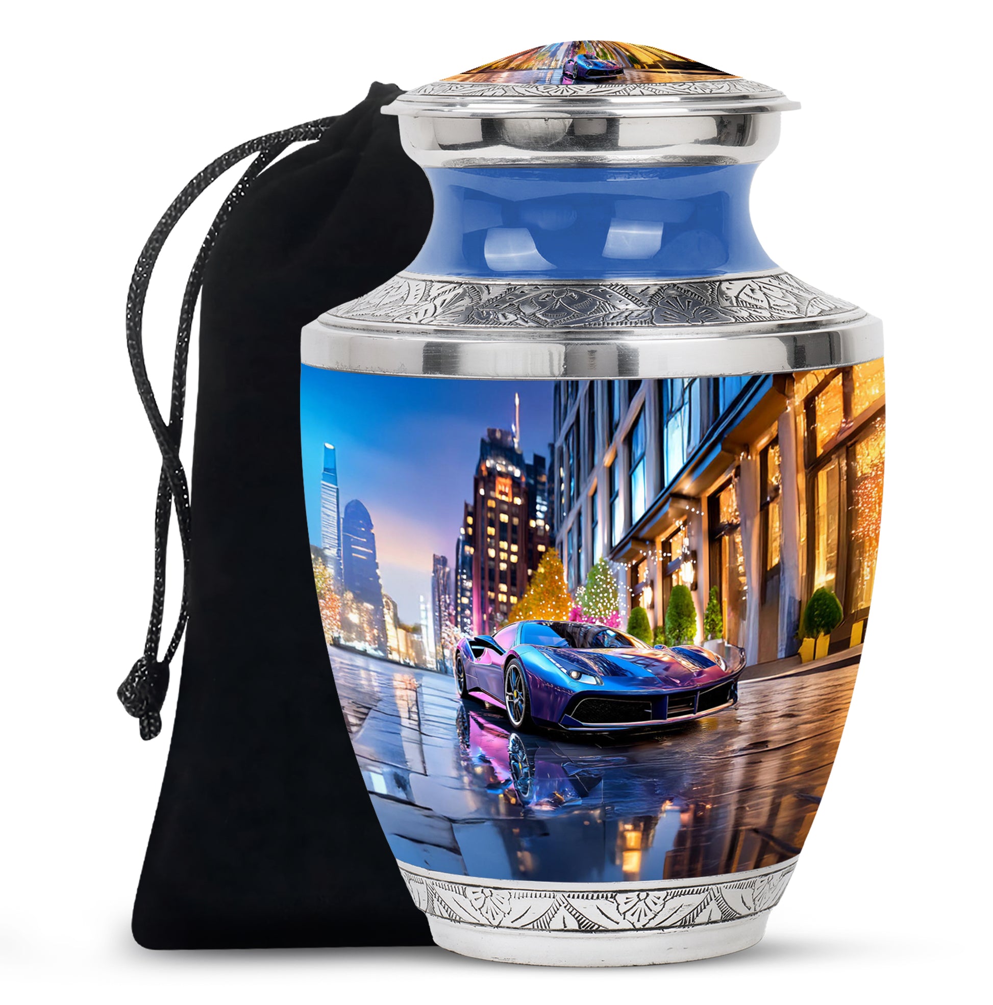 Navy Blue Car Cremation Urn side profile showing urn shape - contemporary car design with modern artistic flair - full-size 10 inch 200 cubic inch adult cremation urn