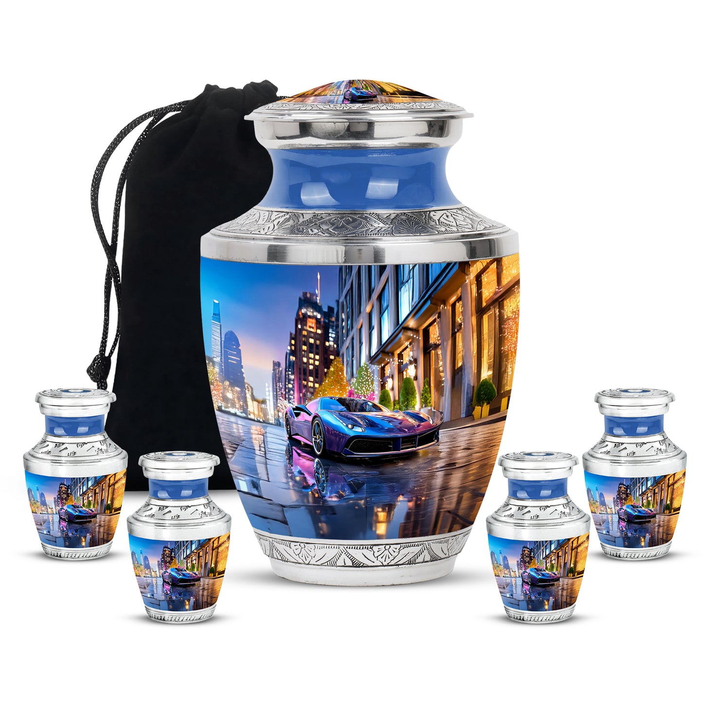 Steel Blue Car Cremation Urn lifestyle display on memorial shelf - stylized abstract car pattern with bold lines - memorial set with one large and four small urns