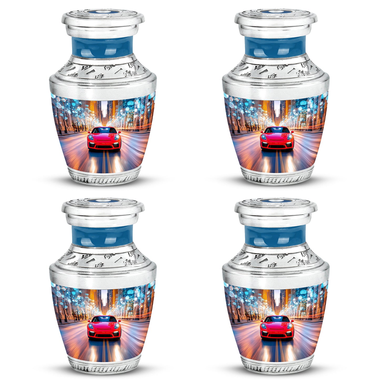 Cobalt Blue Car Cremation Urn back view with polished surface - artistic car interpretation with creative detail - 10 inch aluminum urn for cremated remains