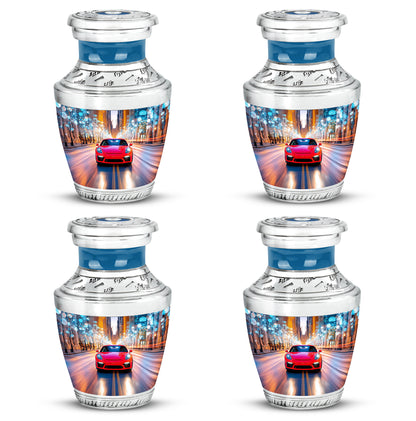Cobalt Blue Car Cremation Urn back view with polished surface - artistic car interpretation with creative detail - 10 inch aluminum urn for cremated remains
