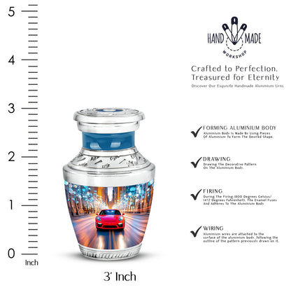 Twilight Blue Car Cremation Urn top-down view of secure threaded lid - artistic car interpretation with creative detail - mini keepsake memorial for portion of cremation ashes