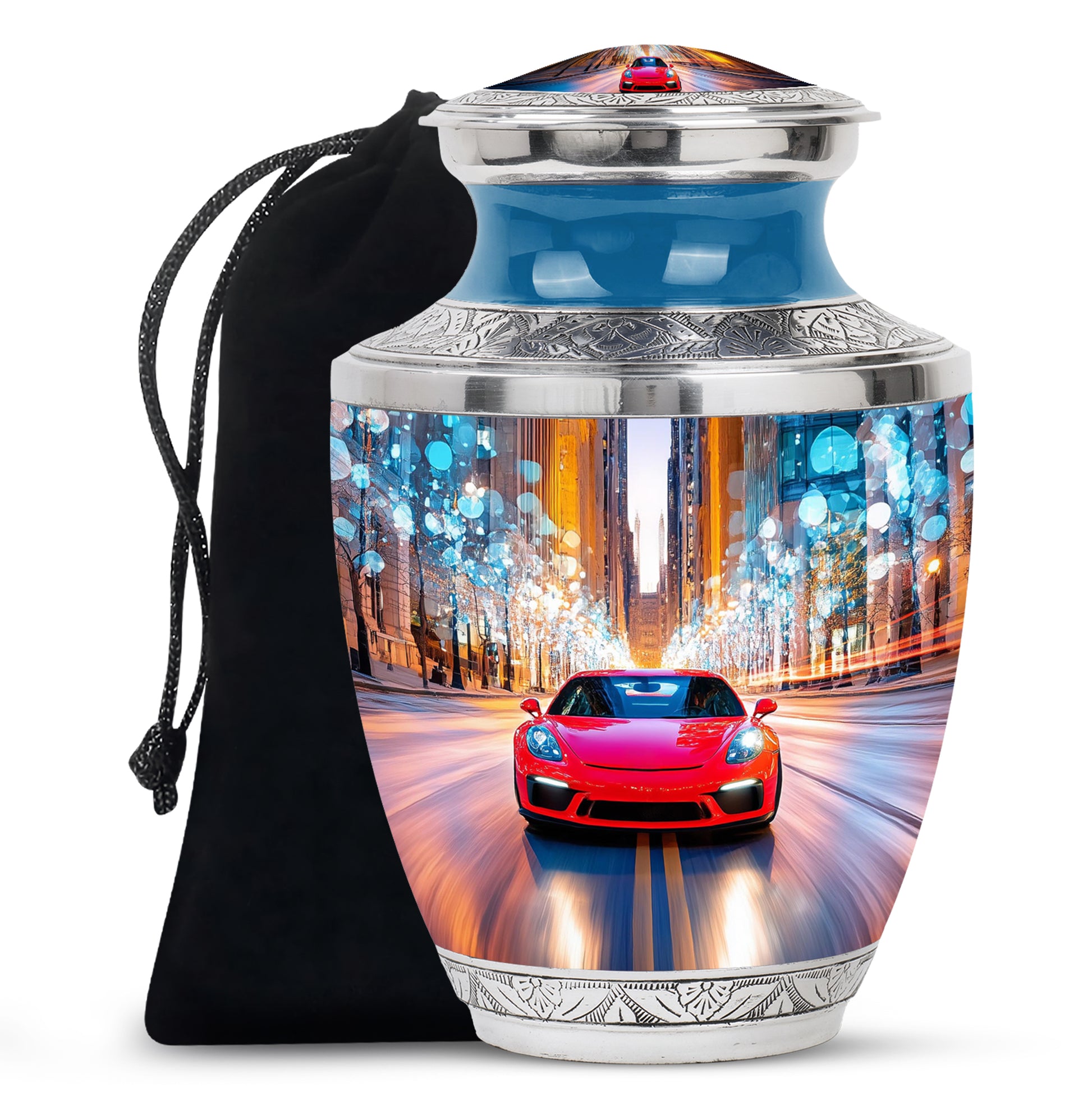 Soft Blue Car Cremation Urn side profile showing urn shape - stylized abstract car pattern with bold lines - full-size 10 inch 200 cubic inch adult cremation urn