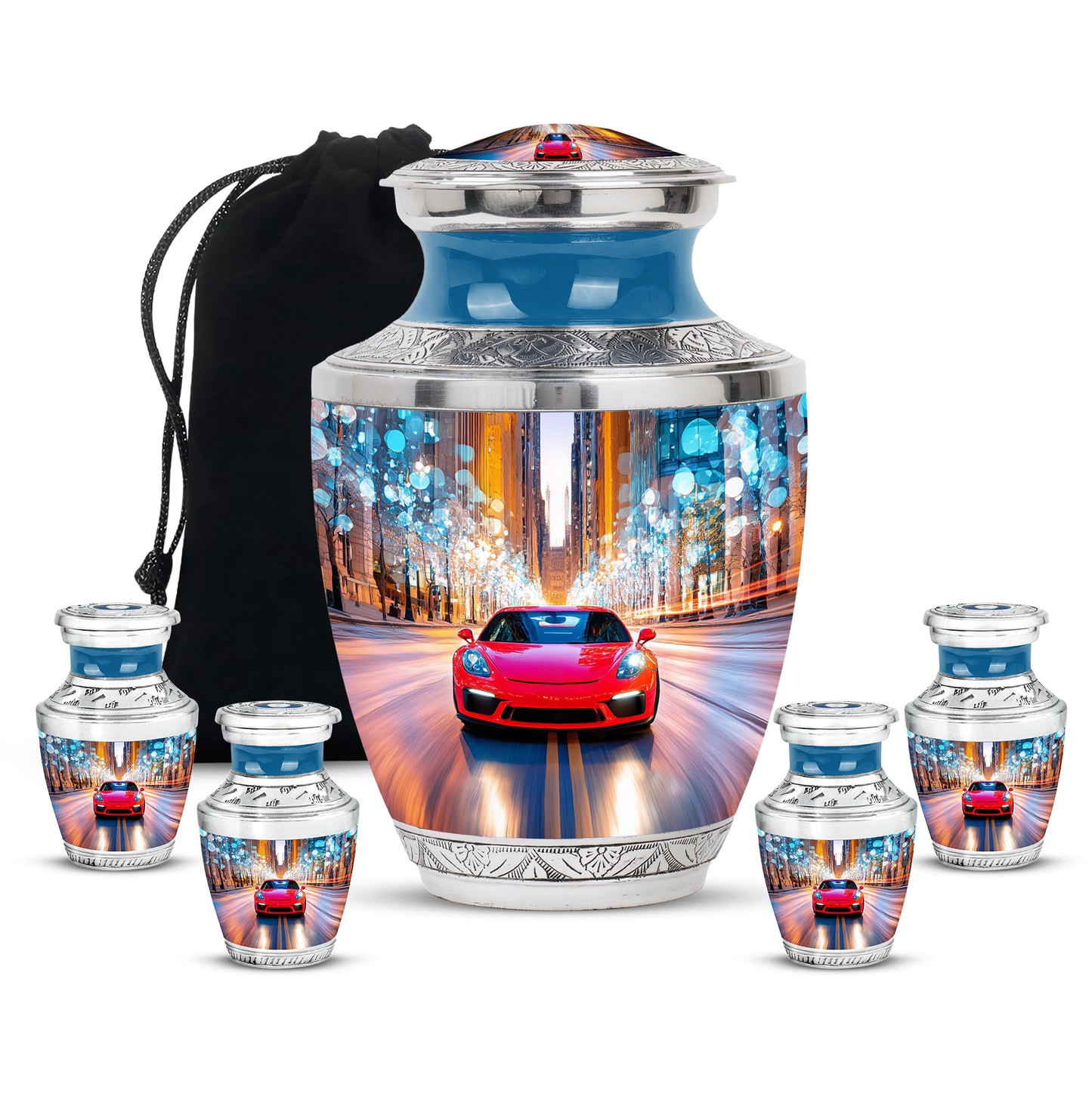 Azure Car Cremation Urn lifestyle display on memorial shelf - contemporary car design with modern artistic flair - memorial set with one large and four small urns