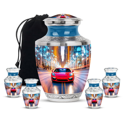 Azure Car Cremation Urn lifestyle display on memorial shelf - contemporary car design with modern artistic flair - memorial set with one large and four small urns