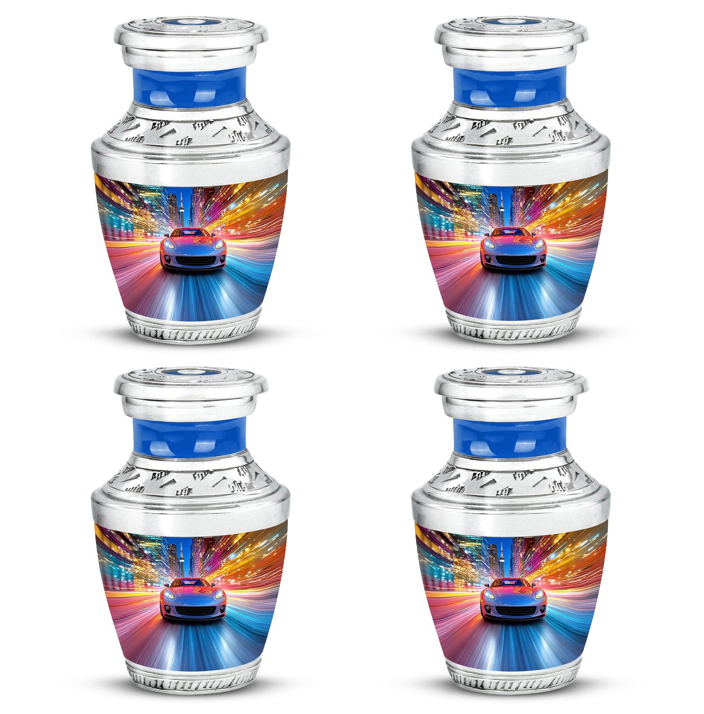 Soft Blue Car Cremation Urn back view with polished surface - stylized abstract car pattern with bold lines - 10 inch aluminum urn for cremated remains