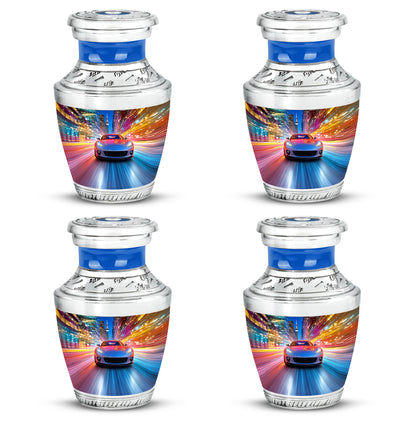 Soft Blue Car Cremation Urn back view with polished surface - stylized abstract car pattern with bold lines - 10 inch aluminum urn for cremated remains