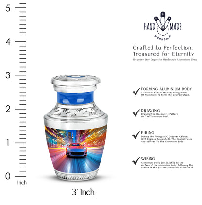 Celestial Blue Car Cremation Urn top-down view of secure threaded lid - contemporary car design with modern artistic flair - mini keepsake memorial for portion of cremation ashes