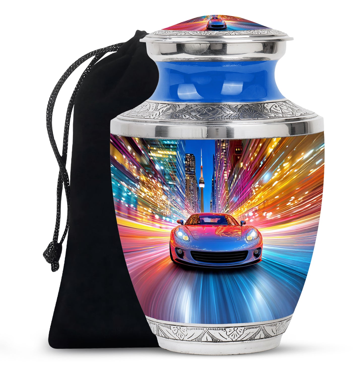 Misty Blue Car Cremation Urn side profile showing urn shape - contemporary car design with modern artistic flair - full-size 10 inch 200 cubic inch adult cremation urn