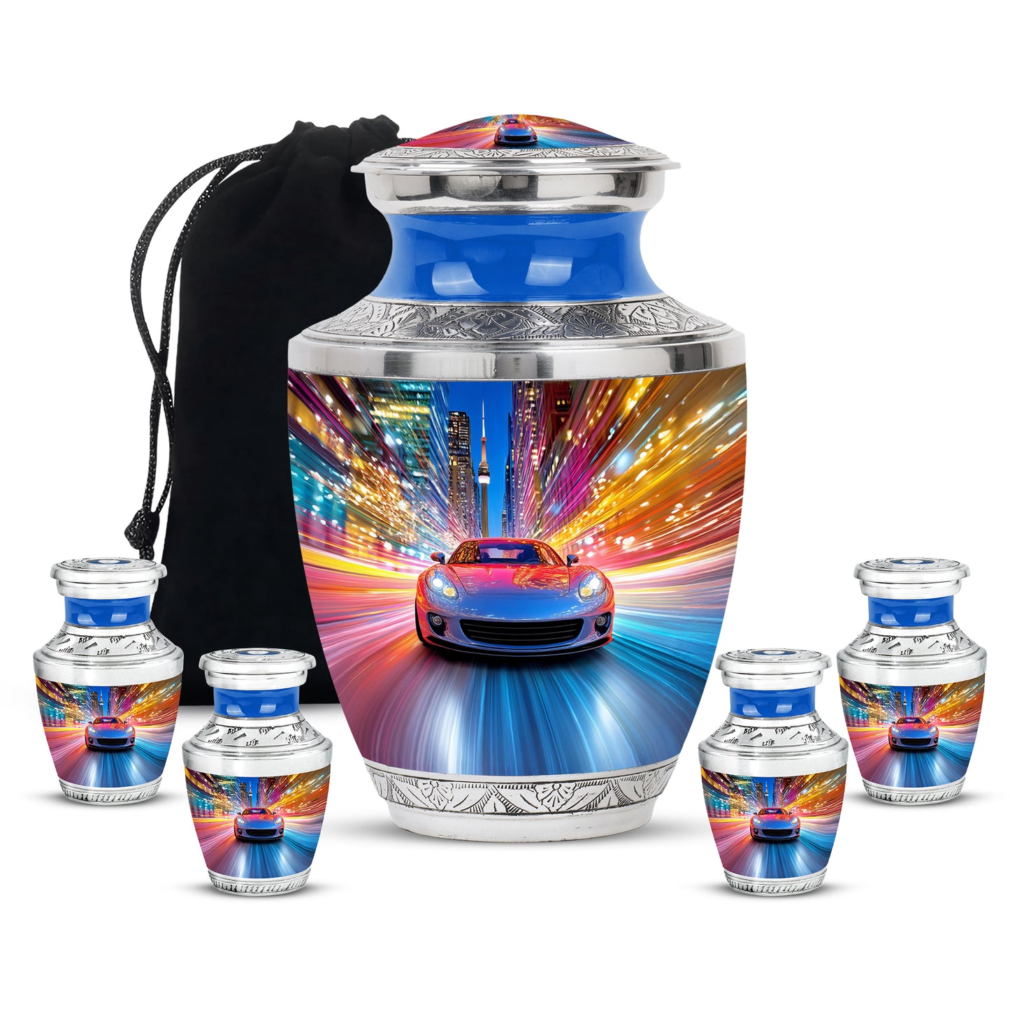 Vivid Blue Car Cremation Urn lifestyle display on memorial shelf - artistic car interpretation with creative detail - memorial set with one large and four small urns