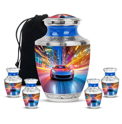 Vivid Blue Car Cremation Urn lifestyle display on memorial shelf - artistic car interpretation with creative detail - memorial set with one large and four small urns