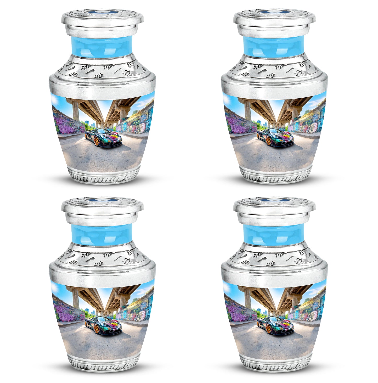 Steel Blue Car Cremation Urn back view with polished surface - artistic car interpretation with creative detail - 10 inch aluminum urn for cremated remains