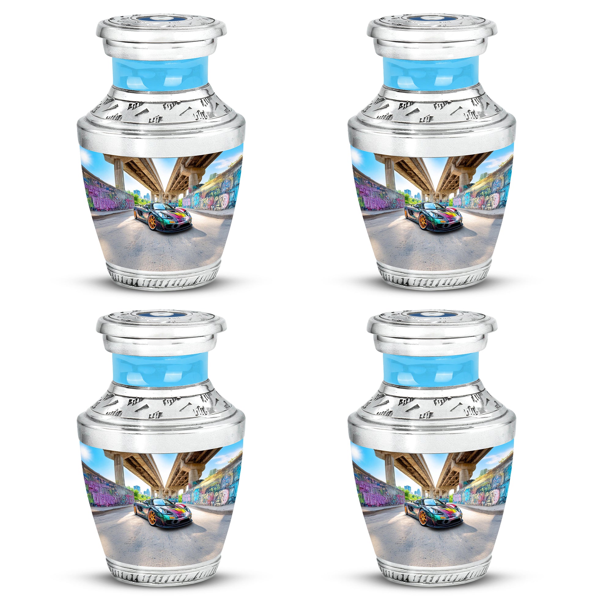 Steel Blue Car Cremation Urn back view with polished surface - artistic car interpretation with creative detail - 10 inch aluminum urn for cremated remains