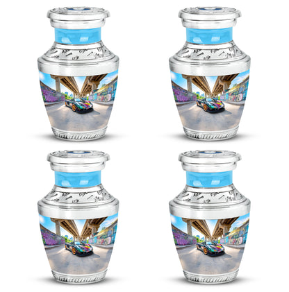 Steel Blue Car Cremation Urn back view with polished surface - artistic car interpretation with creative detail - 10 inch aluminum urn for cremated remains