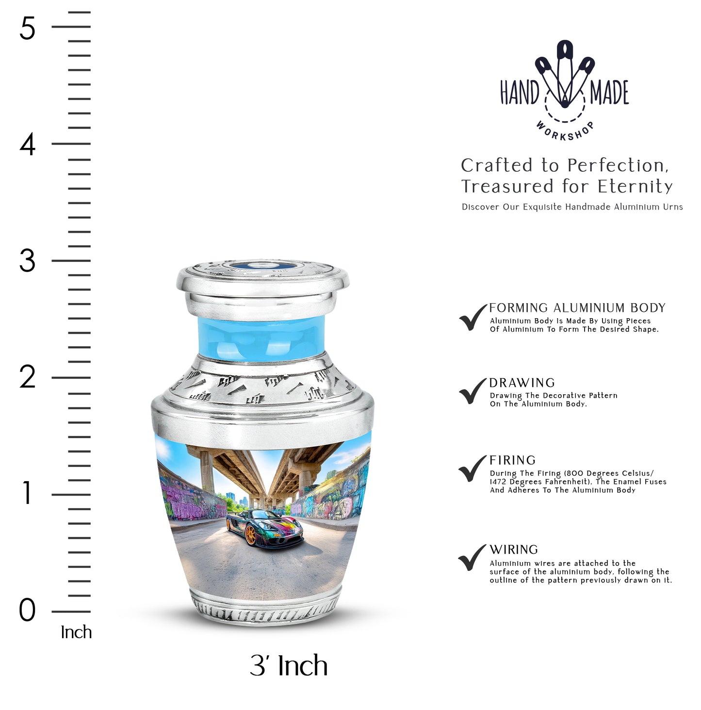 Indigo Car Cremation Urn top-down view of secure threaded lid - modern art-inspired car motif on sleek aluminum - mini keepsake memorial for portion of cremation ashes