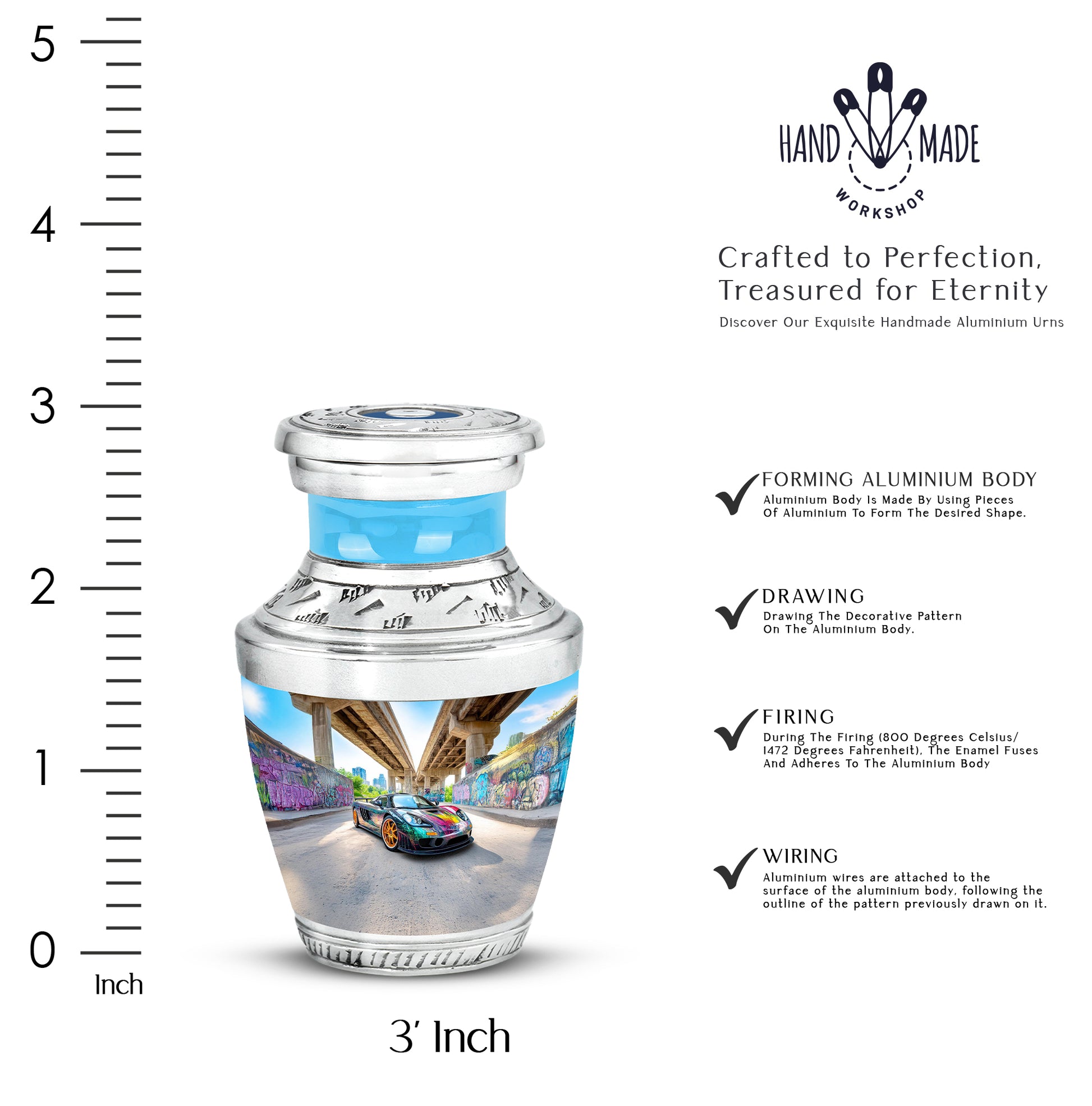 Indigo Car Cremation Urn top-down view of secure threaded lid - modern art-inspired car motif on sleek aluminum - mini keepsake memorial for portion of cremation ashes