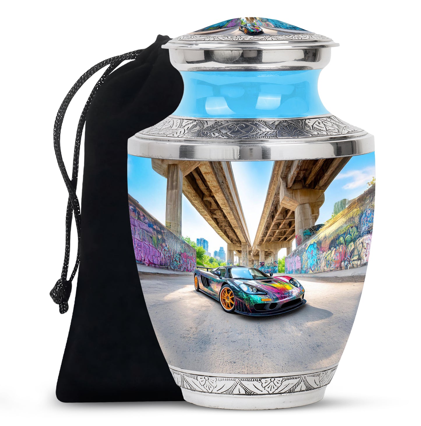 Azure Car Cremation Urn side profile showing urn shape - modern art-inspired car motif on sleek aluminum - full-size 10 inch 200 cubic inch adult cremation urn