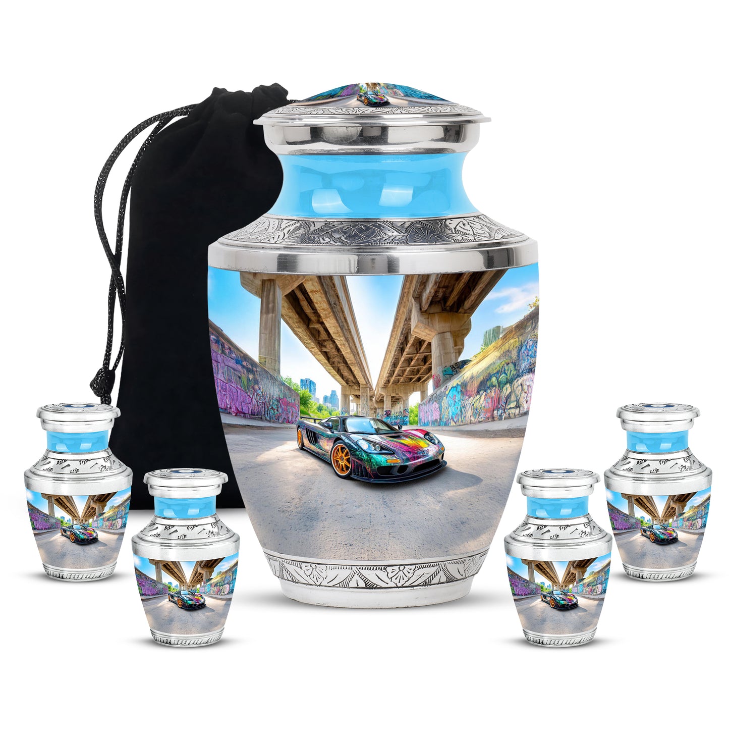 Calming Blue Car Cremation Urn lifestyle display on memorial shelf - artistic car interpretation with creative detail - memorial set with one large and four small urns