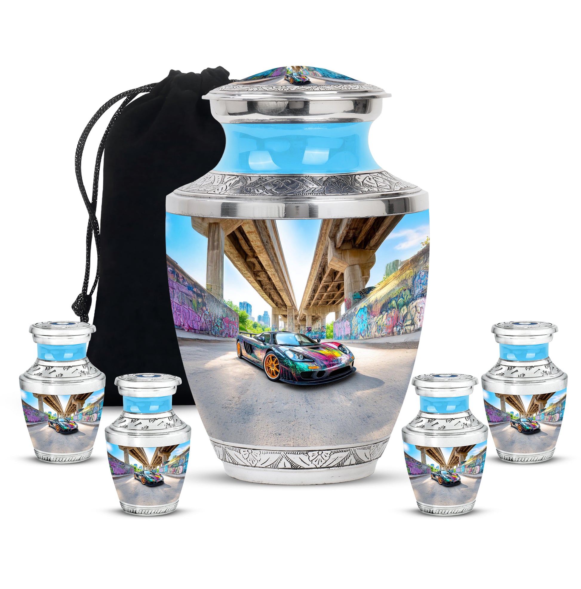 Calming Blue Car Cremation Urn lifestyle display on memorial shelf - artistic car interpretation with creative detail - memorial set with one large and four small urns