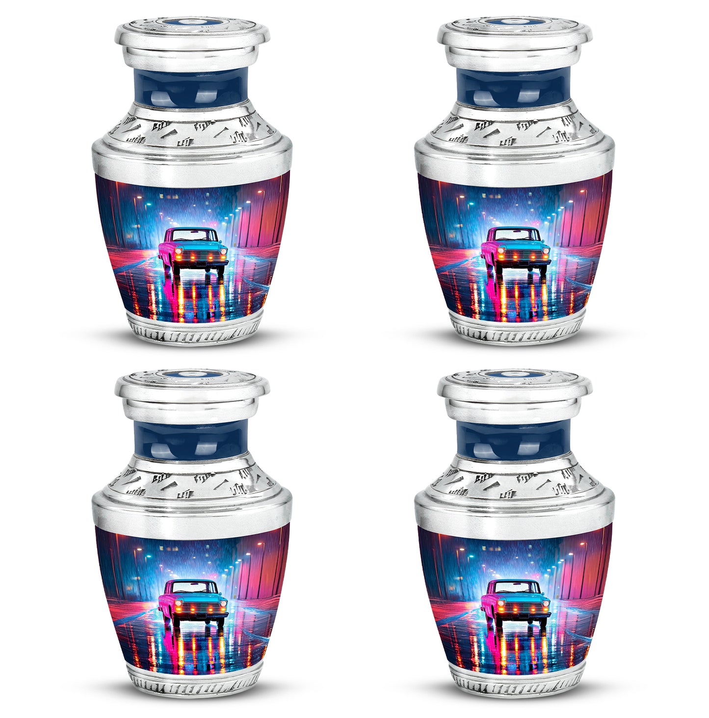 Soft Blue Car Cremation Urn back view with polished surface - artistic car interpretation with creative detail - 10 inch aluminum urn for cremated remains