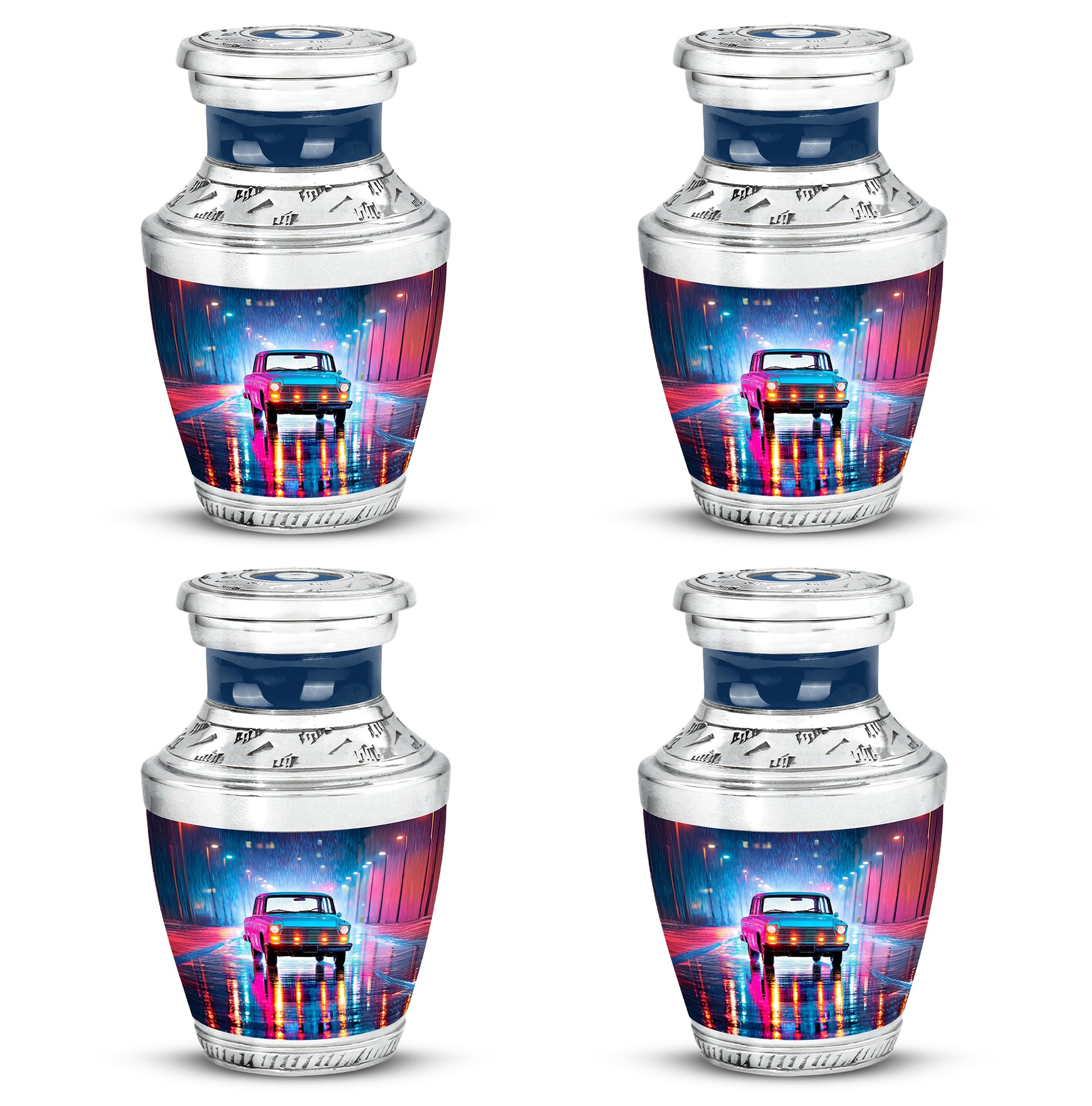 Soft Blue Car Cremation Urn back view with polished surface - artistic car interpretation with creative detail - 10 inch aluminum urn for cremated remains