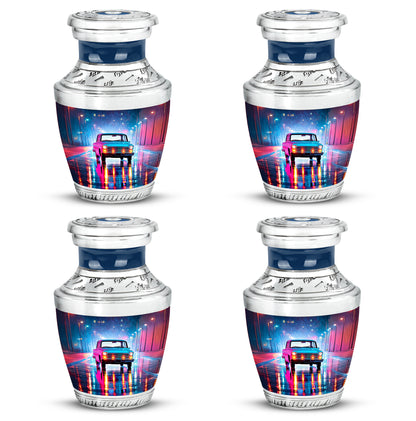 Soft Blue Car Cremation Urn back view with polished surface - artistic car interpretation with creative detail - 10 inch aluminum urn for cremated remains