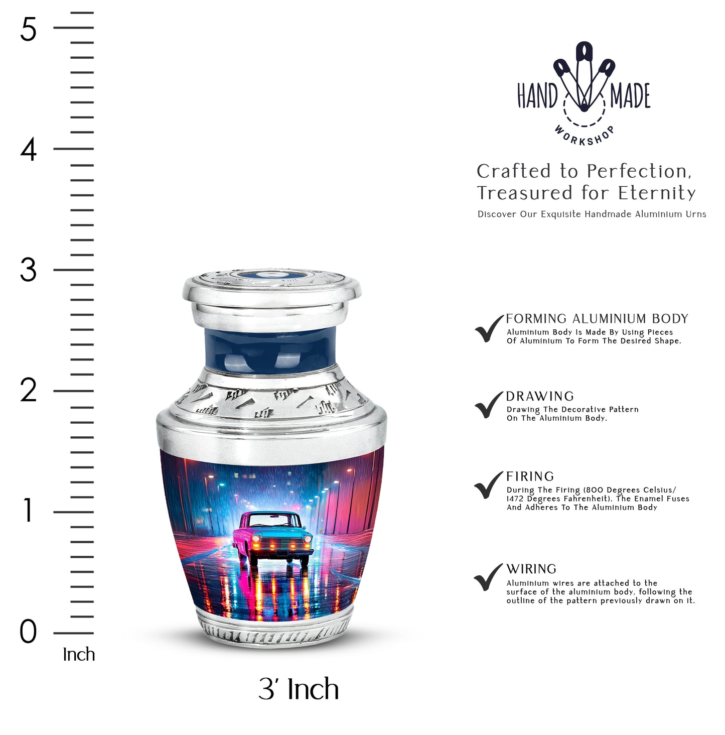 Vivid Blue Car Cremation Urn top-down view of secure threaded lid - stylized abstract car pattern with bold lines - mini keepsake memorial for portion of cremation ashes