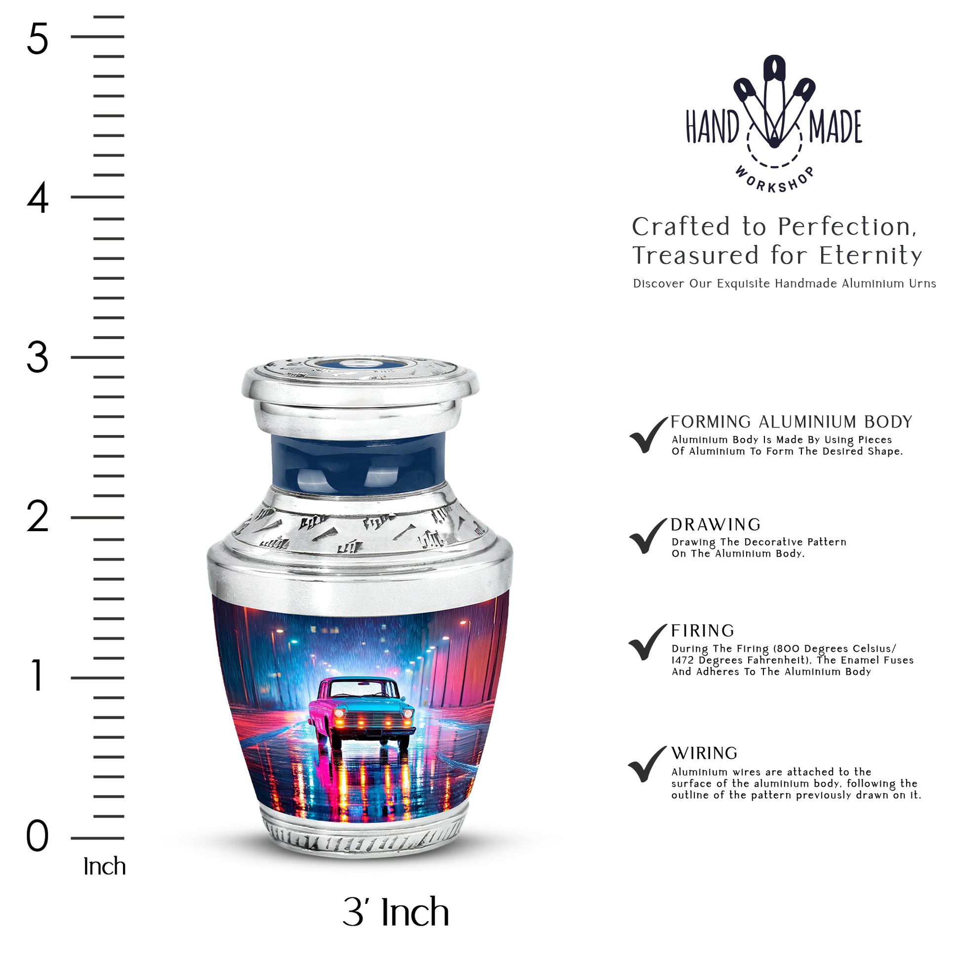 Vivid Blue Car Cremation Urn top-down view of secure threaded lid - stylized abstract car pattern with bold lines - mini keepsake memorial for portion of cremation ashes