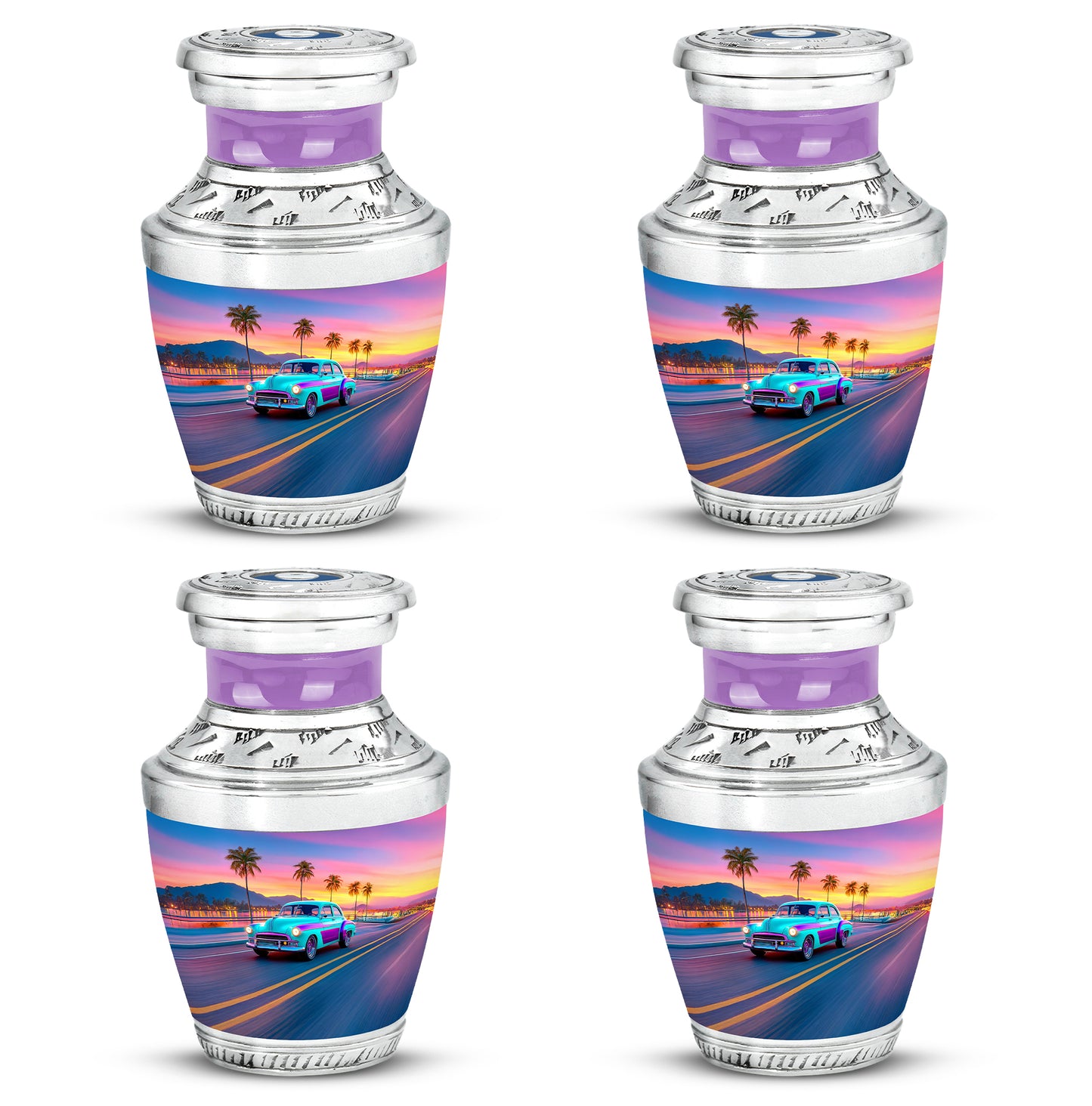 Navy Blue Car Cremation Urn back view with polished surface - contemporary car design with modern artistic flair - 10 inch aluminum urn for cremated remains