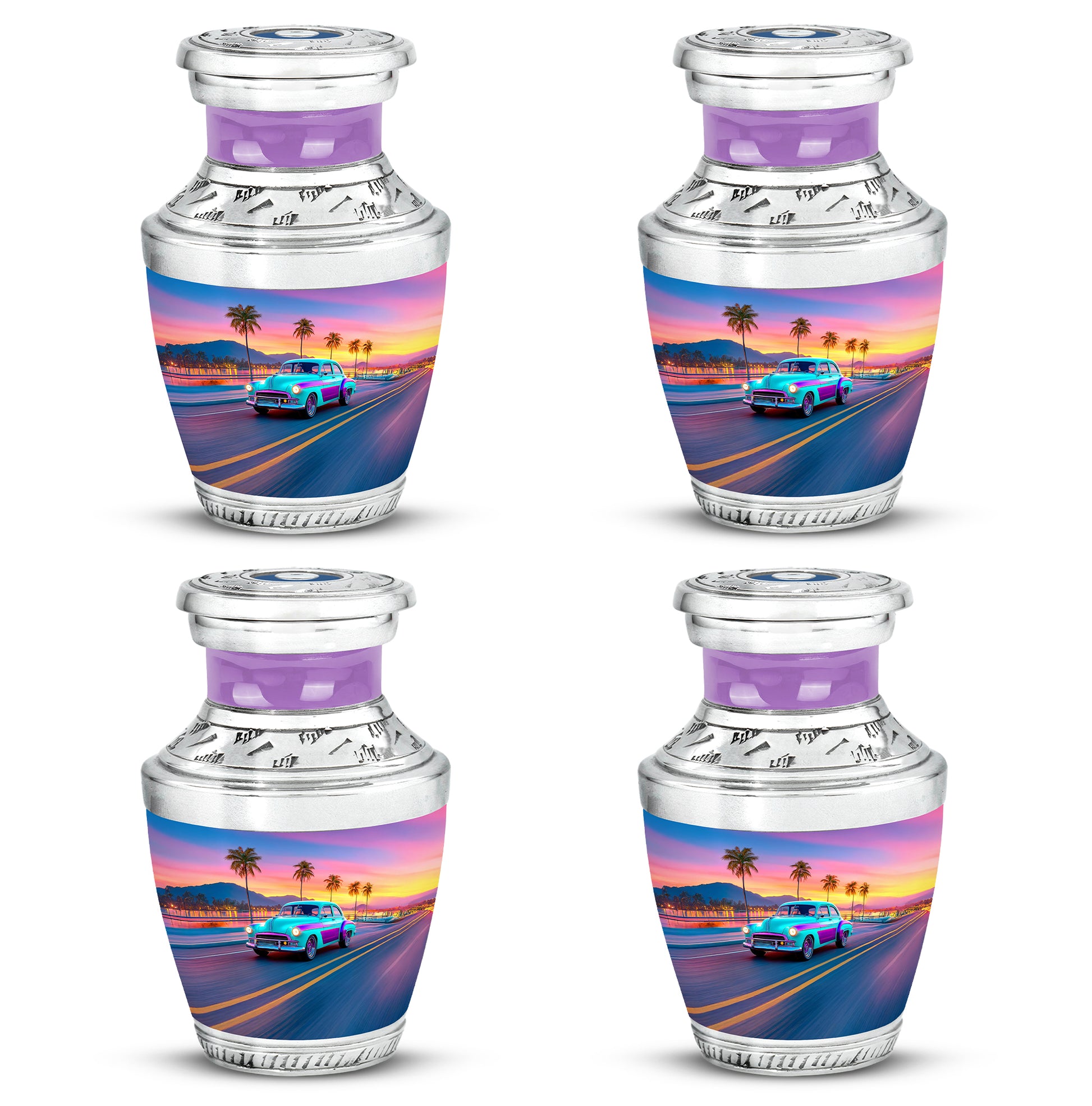 Navy Blue Car Cremation Urn back view with polished surface - contemporary car design with modern artistic flair - 10 inch aluminum urn for cremated remains