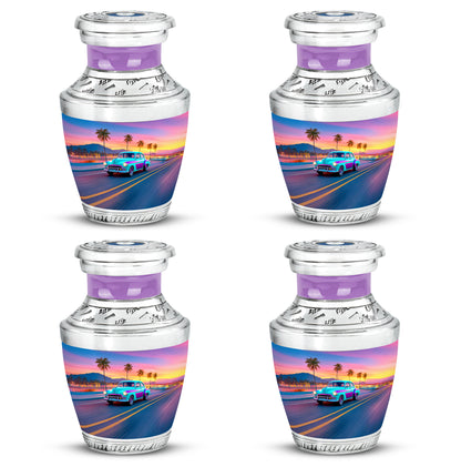 Navy Blue Car Cremation Urn back view with polished surface - contemporary car design with modern artistic flair - 10 inch aluminum urn for cremated remains