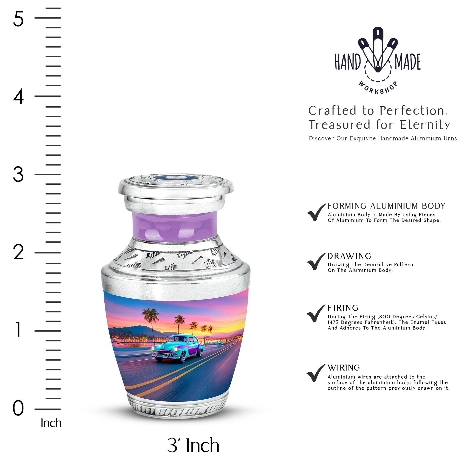 Soft Blue Car Cremation Urn top-down view of secure threaded lid - stylized abstract car pattern with bold lines - mini keepsake memorial for portion of cremation ashes
