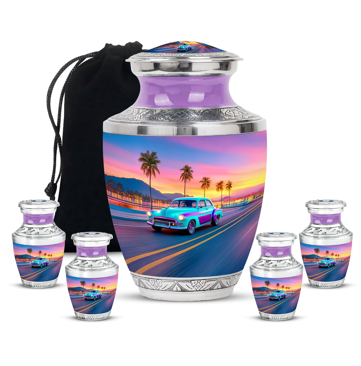 Powder Blue Car Cremation Urn lifestyle display on memorial shelf - contemporary car design with modern artistic flair - memorial set with one large and four small urns