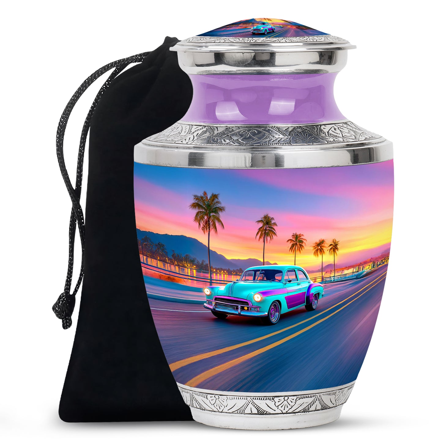 Vivid Blue Car Cremation Urn side profile showing urn shape - stylized abstract car pattern with bold lines - full-size 10 inch 200 cubic inch adult cremation urn