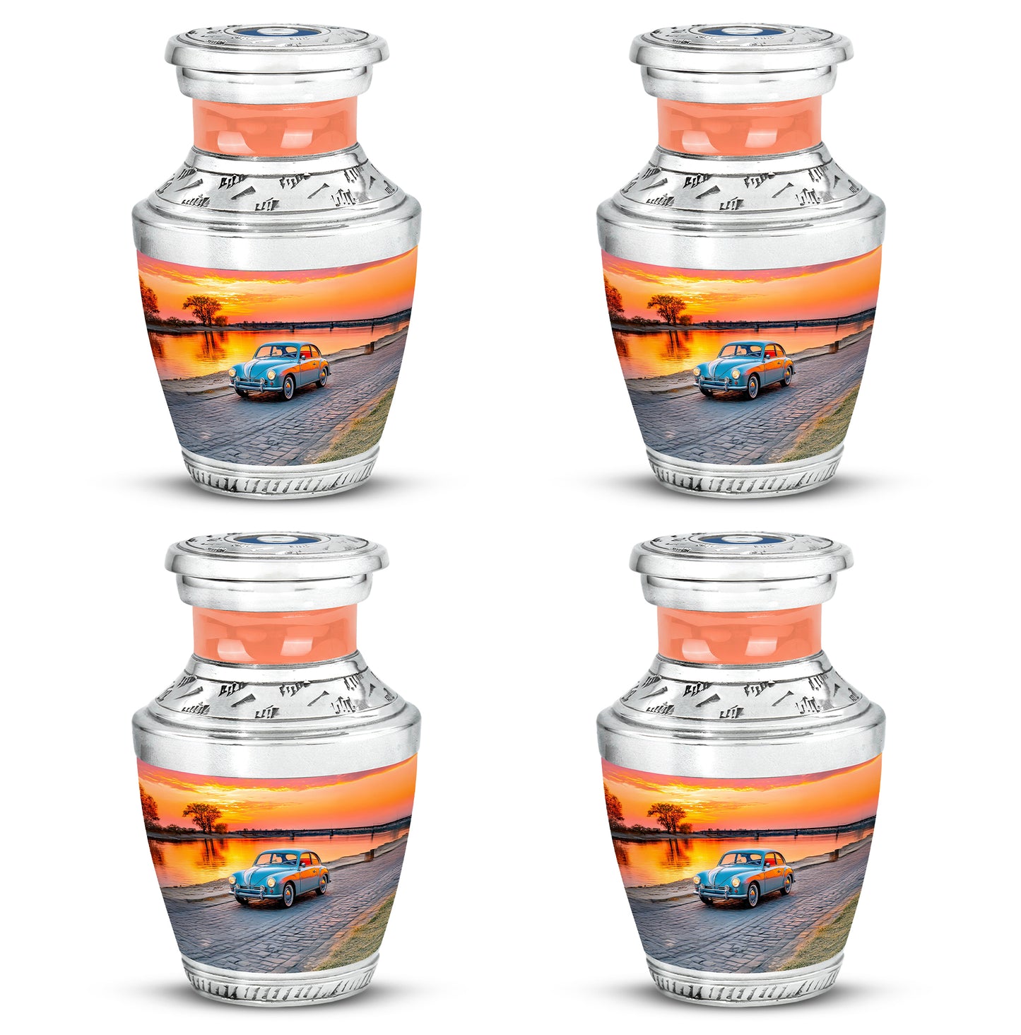 Blush Pink Car Cremation Urn back view with polished surface - contemporary car design with modern artistic flair - 10 inch aluminum urn for cremated remains