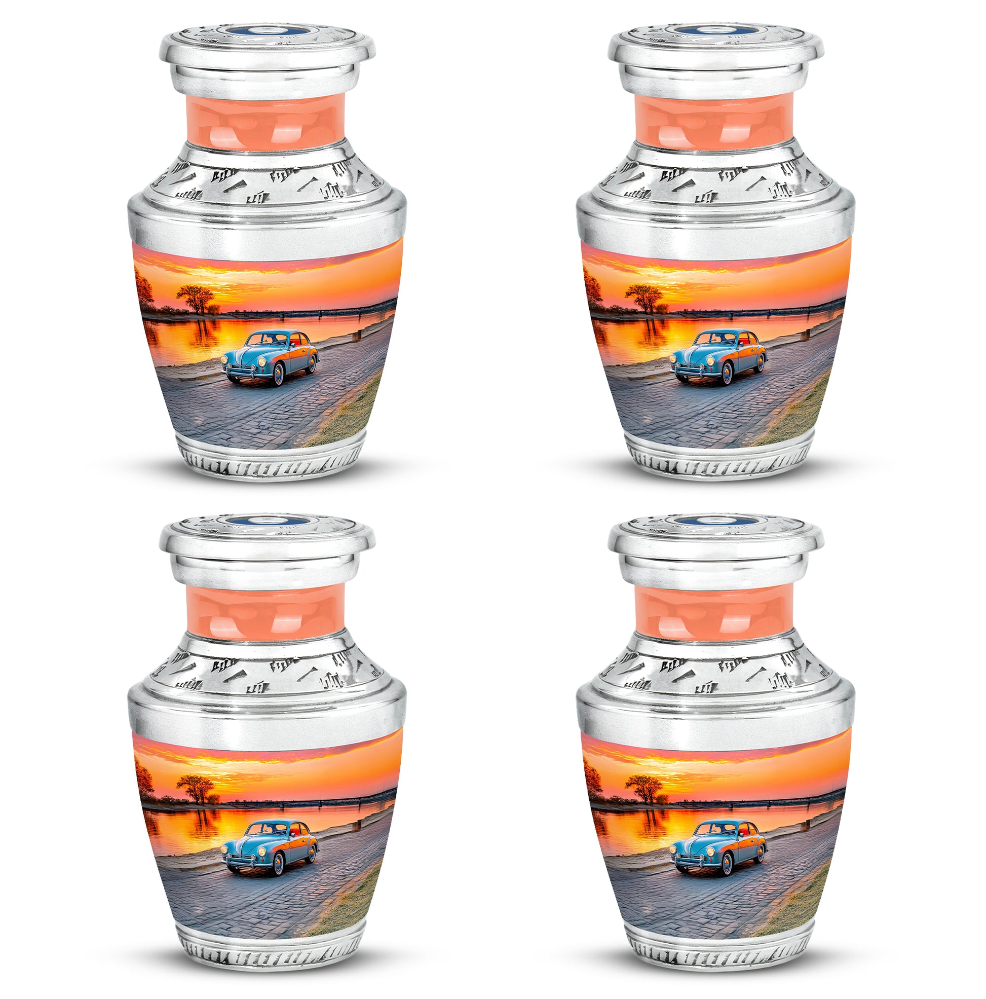 Blush Pink Car Cremation Urn back view with polished surface - contemporary car design with modern artistic flair - 10 inch aluminum urn for cremated remains