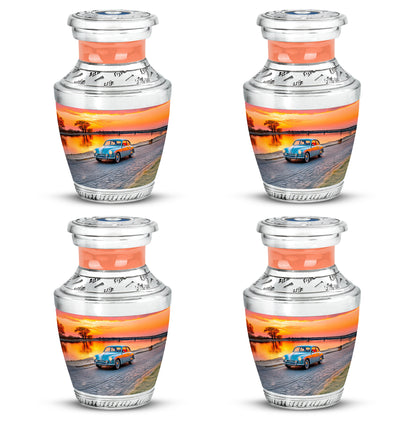 Blush Pink Car Cremation Urn back view with polished surface - contemporary car design with modern artistic flair - 10 inch aluminum urn for cremated remains