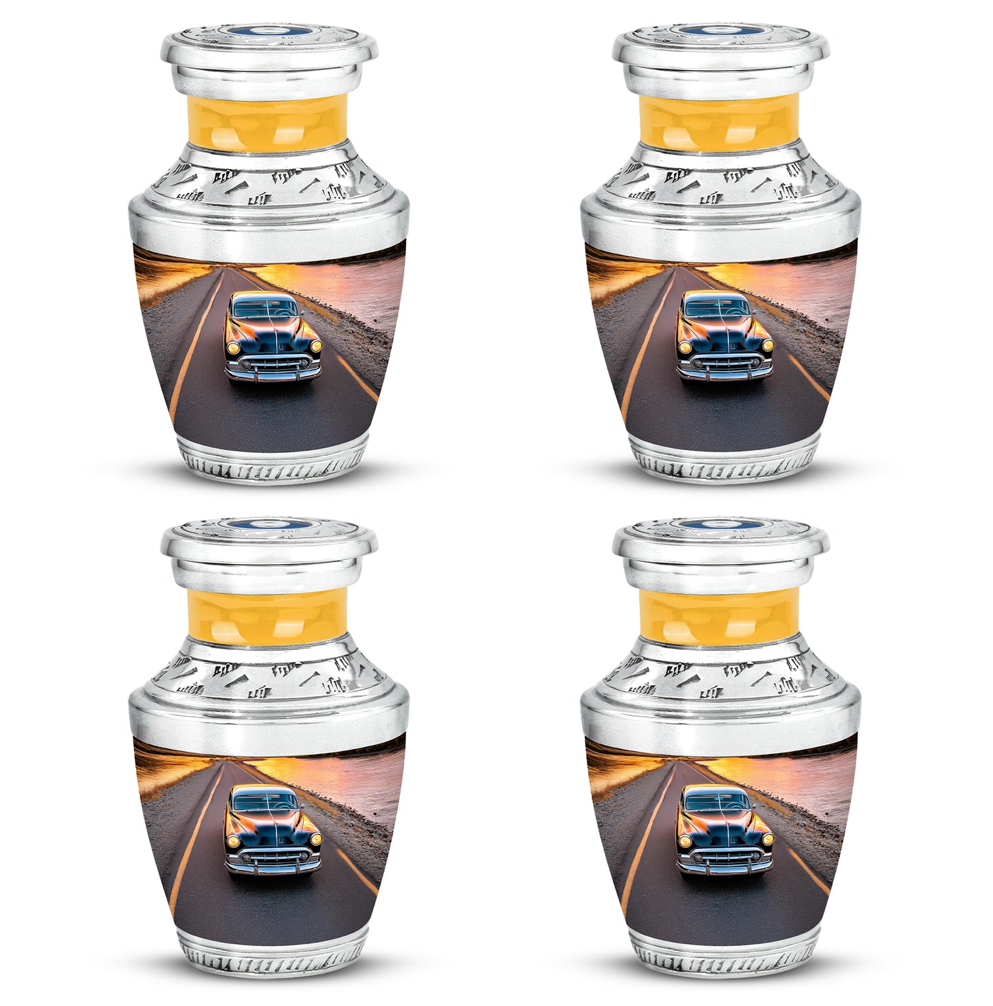 Sapphire Blue Car Cremation Urn back view with polished surface - artistic car interpretation with creative detail - 10 inch aluminum urn for cremated remains