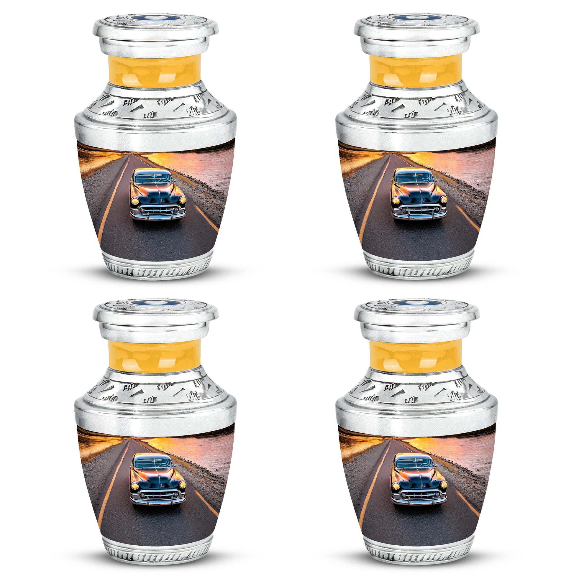 Sapphire Blue Car Cremation Urn back view with polished surface - artistic car interpretation with creative detail - 10 inch aluminum urn for cremated remains