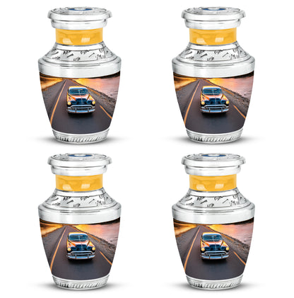Sapphire Blue Car Cremation Urn back view with polished surface - artistic car interpretation with creative detail - 10 inch aluminum urn for cremated remains
