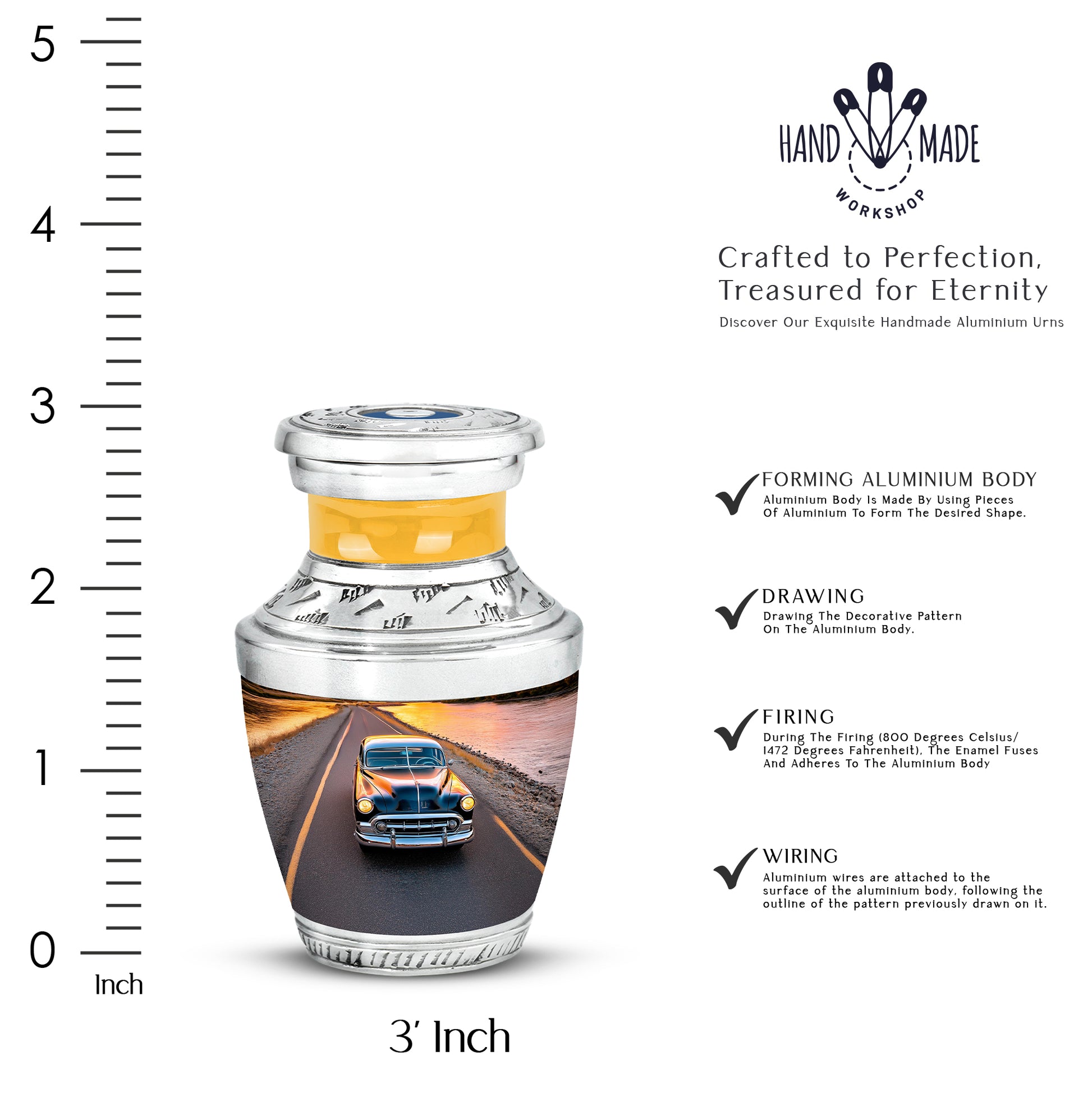 Serene Blue Car Cremation Urn top-down view of secure threaded lid - artistic car interpretation with creative detail - mini keepsake memorial for portion of cremation ashes