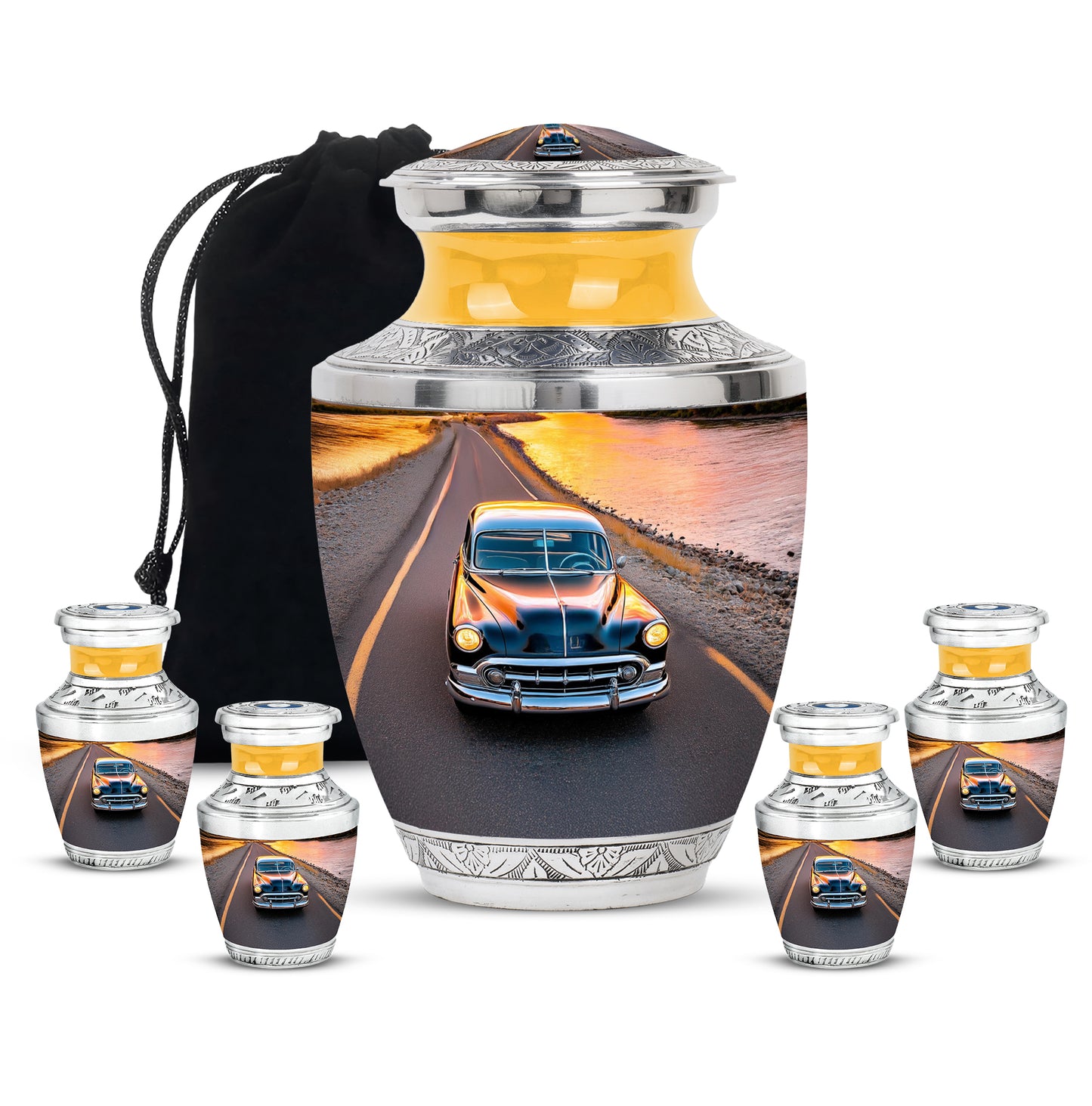 Twilight Blue Car Cremation Urn lifestyle display on memorial shelf - stylized abstract car pattern with bold lines - memorial set with one large and four small urns