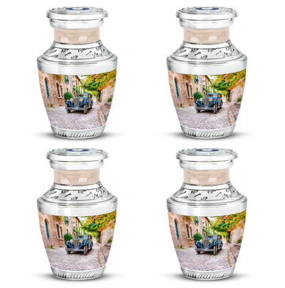 Gilded Gold Car Cremation Urn back view with polished surface - contemporary car design with modern artistic flair - 10 inch aluminum urn for cremated remains