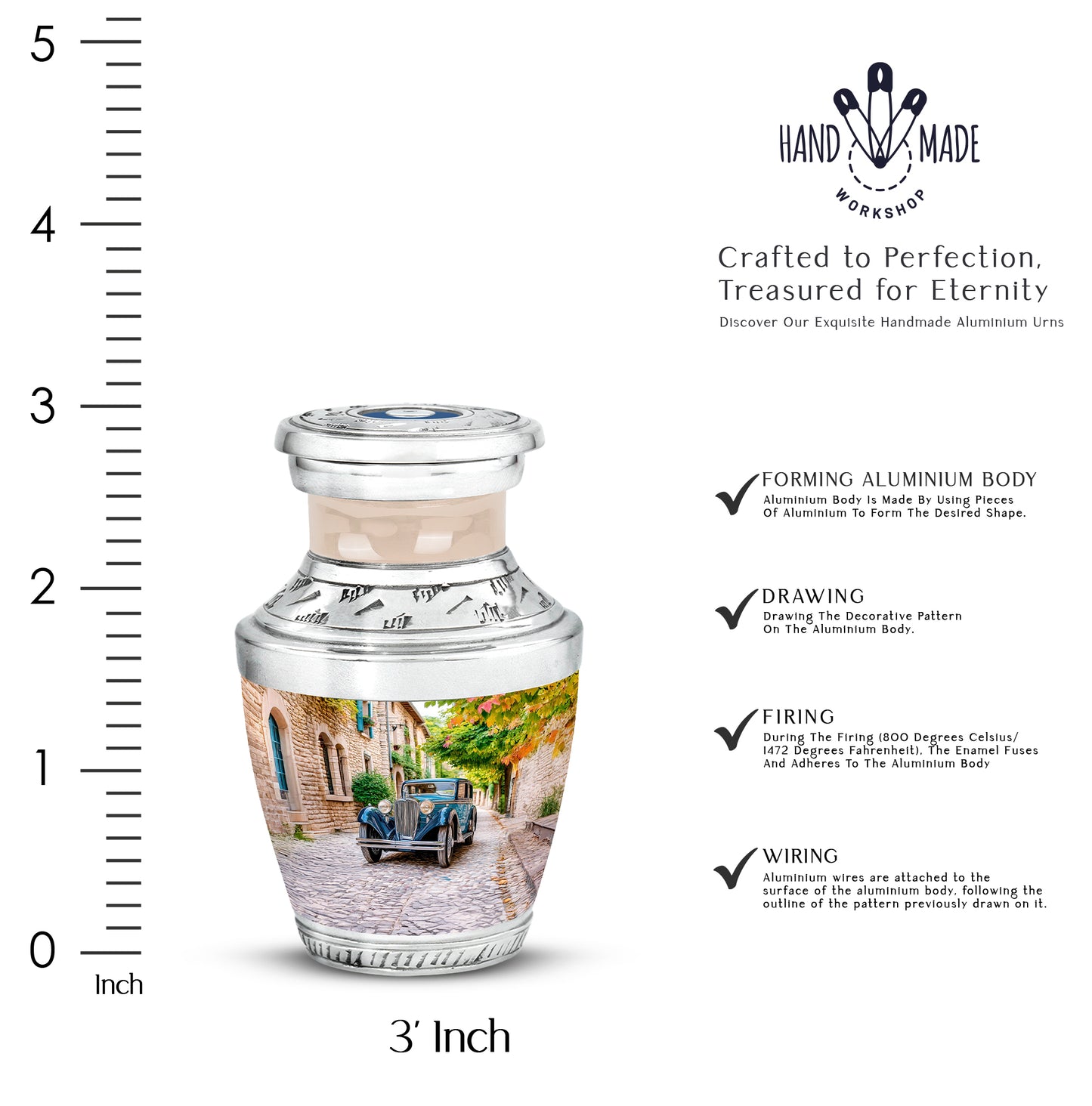 Warm Gold Car Cremation Urn top-down view of secure threaded lid - stylized abstract car pattern with bold lines - mini keepsake memorial for portion of cremation ashes